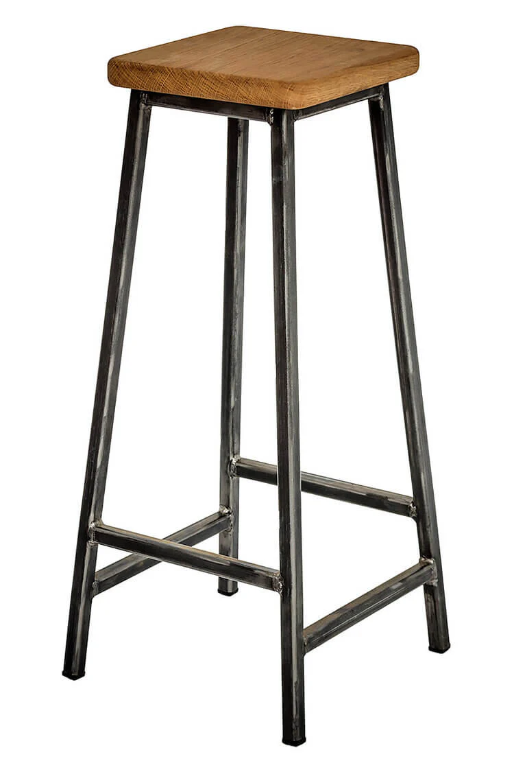 Bertie Fouroak - Raw Steel Frame Industrial Bar Stool with Square Oak Seat - Image 3