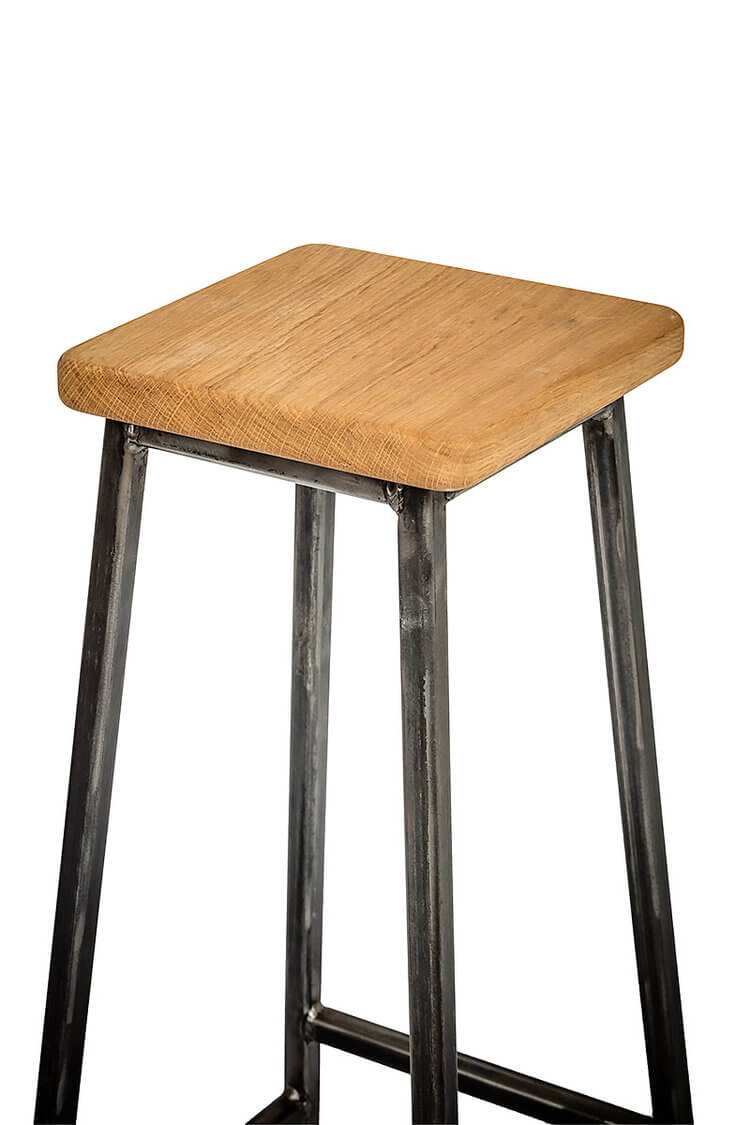 Bertie Fouroak - Raw Steel Frame Industrial Bar Stool with Square Oak Seat - Image 5